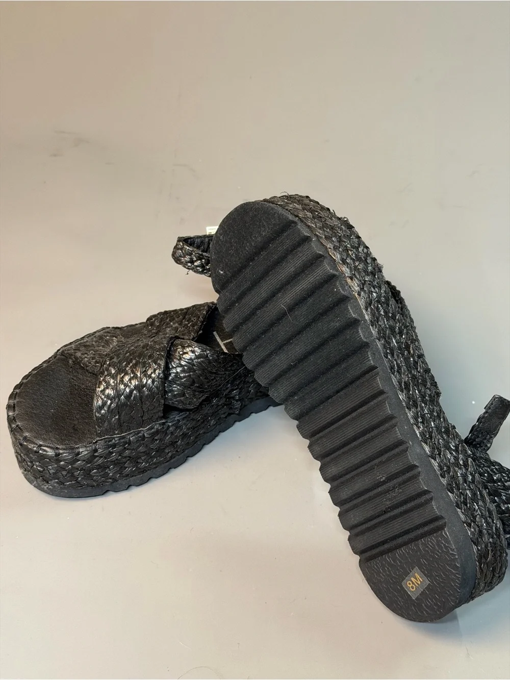 Black Braided Platform Sandals with Ankle Strap